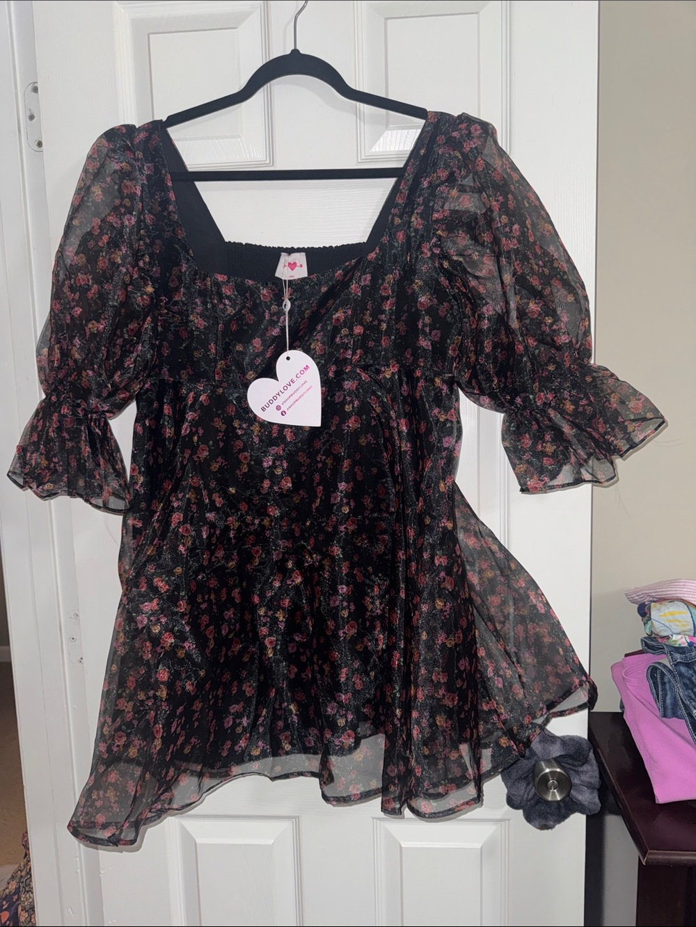 Buddy Love Black Sheer Mini Dress with Pink Floral Print